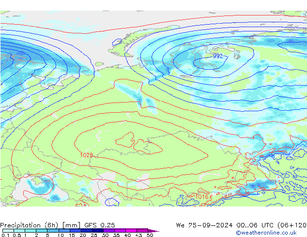 Z500/Rain (+SLP)/Z850 GFS 0.25 We 25.09.2024 06 UTC