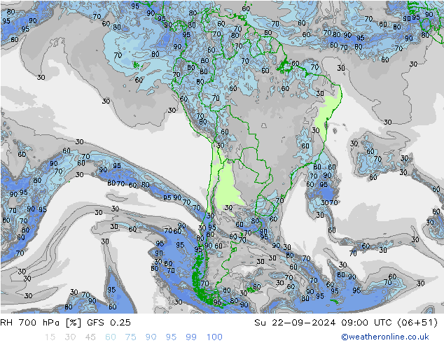 RH 700 hPa GFS 0.25 Dom 22.09.2024 09 UTC