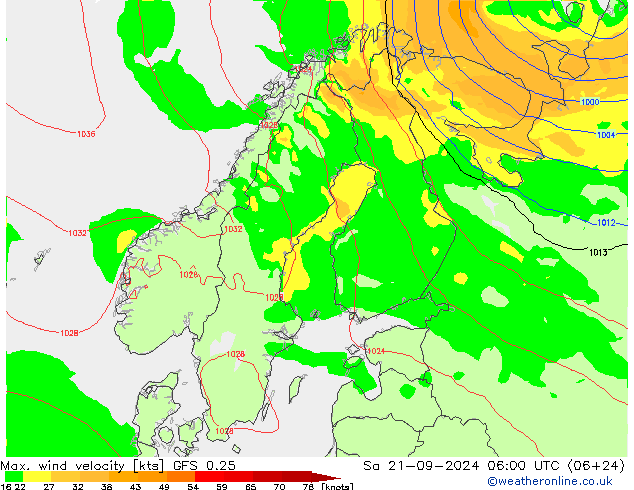 Max. wind velocity GFS 0.25 Sáb 21.09.2024 06 UTC