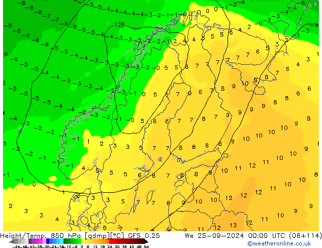 Z500/Rain (+SLP)/Z850 GFS 0.25 mer 25.09.2024 00 UTC