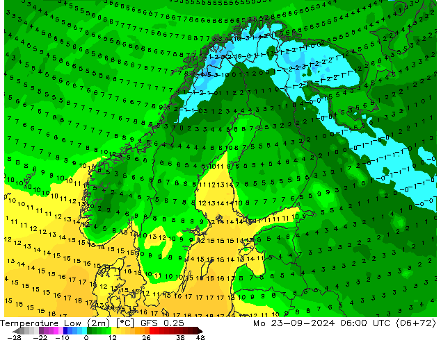 Temperature Low (2m) GFS 0.25 Mo 23.09.2024 06 UTC