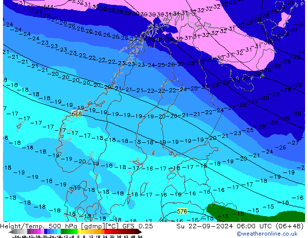 Z500/Rain (+SLP)/Z850 GFS 0.25 So 22.09.2024 06 UTC