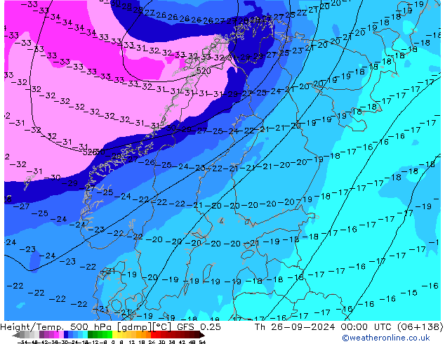 Height/Temp. 500 hPa GFS 0.25 czw. 26.09.2024 00 UTC