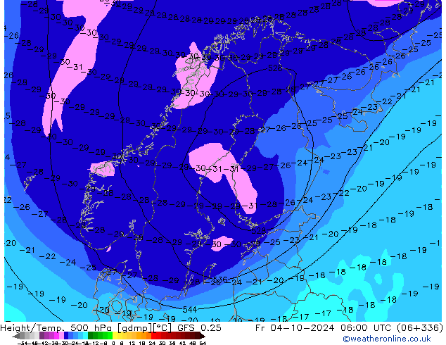 Z500/Rain (+SLP)/Z850 GFS 0.25 Pá 04.10.2024 06 UTC