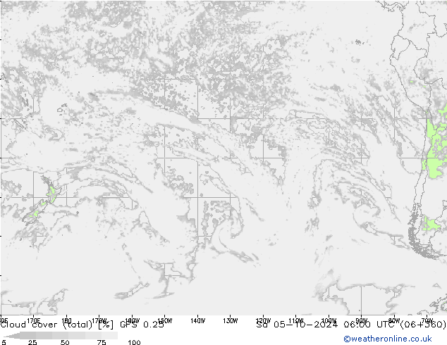 nuvens (total) GFS 0.25 Sáb 05.10.2024 06 UTC