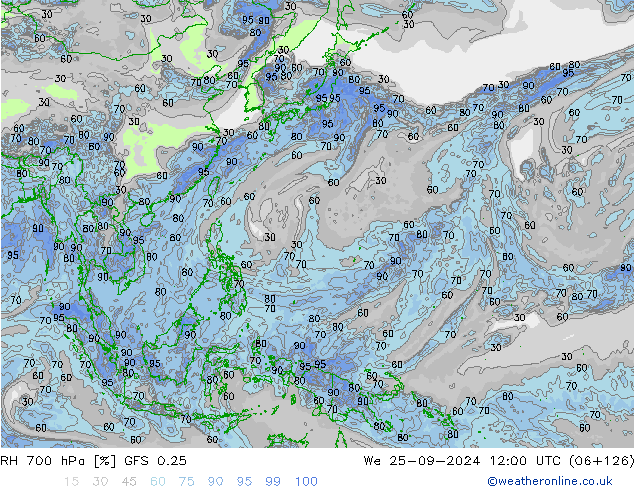 RH 700 hPa GFS 0.25 We 25.09.2024 12 UTC