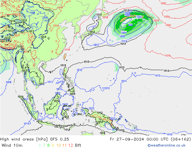 Windvelden GFS 0.25 vr 27.09.2024 00 UTC