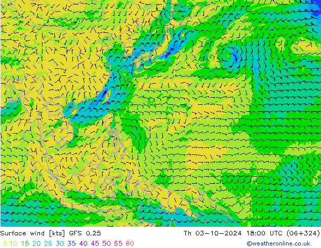 Wind 10 m GFS 0.25 do 03.10.2024 18 UTC