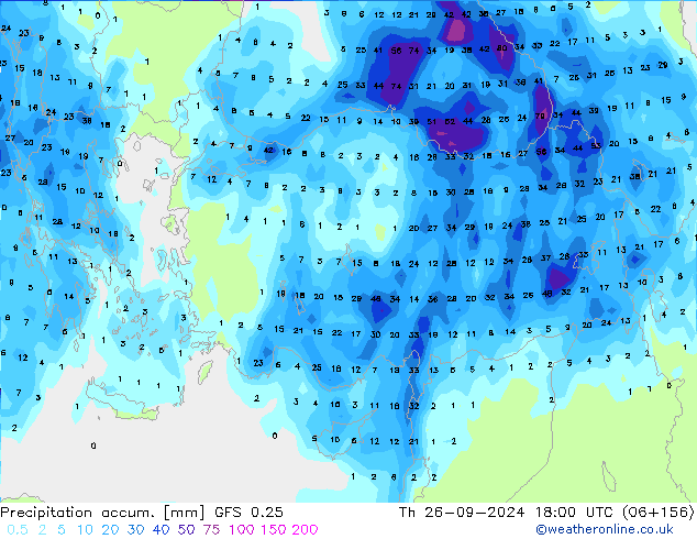 Precipitation accum. GFS 0.25 Th 26.09.2024 18 UTC