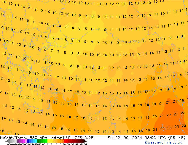 Yükseklik/Sıc. 850 hPa GFS 0.25 Paz 22.09.2024 03 UTC