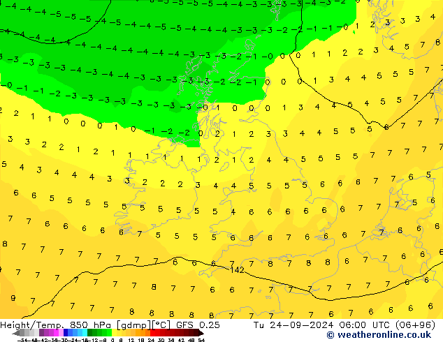 Z500/Yağmur (+YB)/Z850 GFS 0.25 Sa 24.09.2024 06 UTC