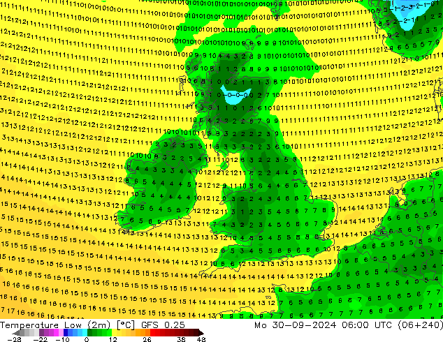 Temperature Low (2m) GFS 0.25 Mo 30.09.2024 06 UTC