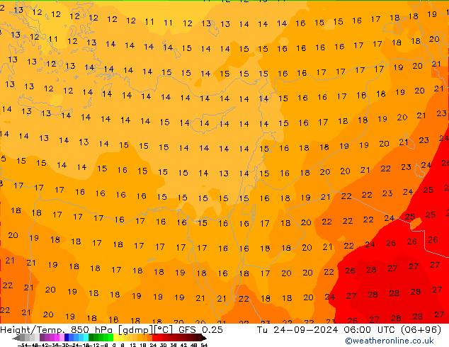 Hoogte/Temp. 850 hPa GFS 0.25 di 24.09.2024 06 UTC