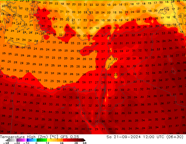 Max.temperatuur (2m) GFS 0.25 za 21.09.2024 12 UTC