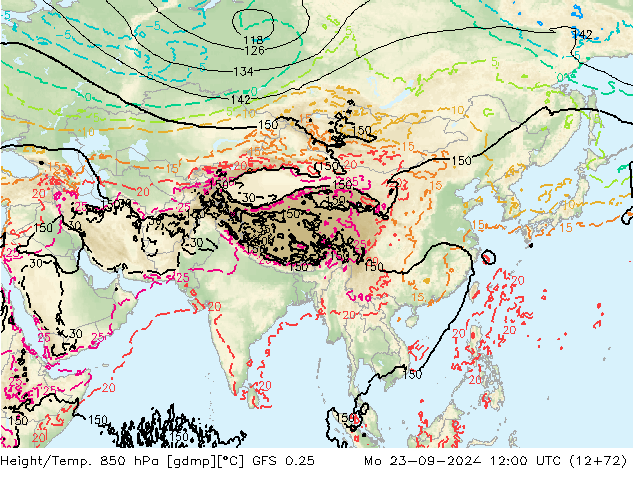 Height/Temp. 850 hPa GFS 0.25  23.09.2024 12 UTC