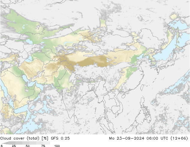 Cloud cover (total) GFS 0.25 Po 23.09.2024 06 UTC