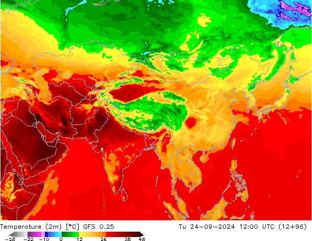 Temperature (2m) GFS 0.25 Út 24.09.2024 12 UTC