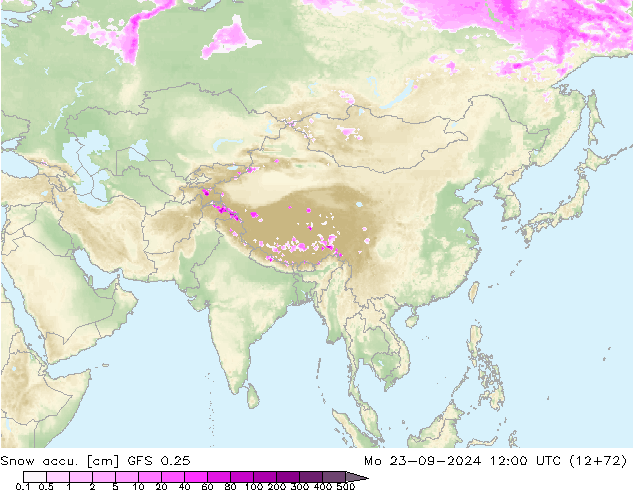 Snow accu. GFS 0.25 lun 23.09.2024 12 UTC