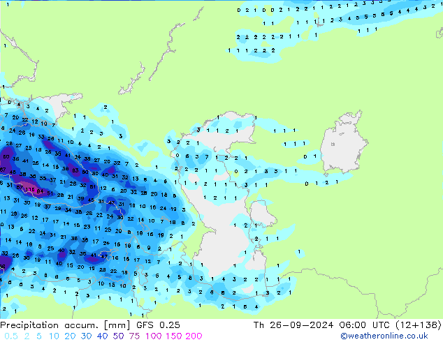 Precipitation accum. GFS 0.25  26.09.2024 06 UTC