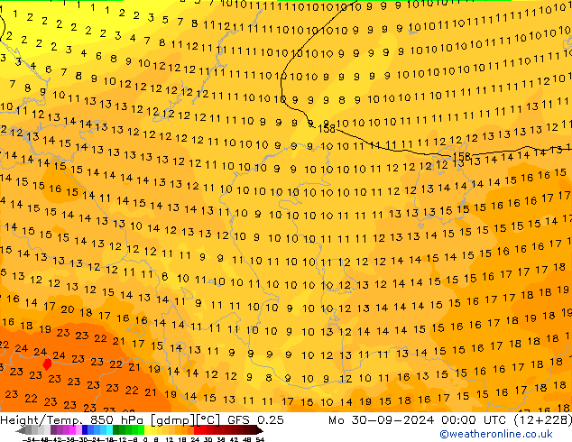 Height/Temp. 850 hPa GFS 0.25 Mo 30.09.2024 00 UTC