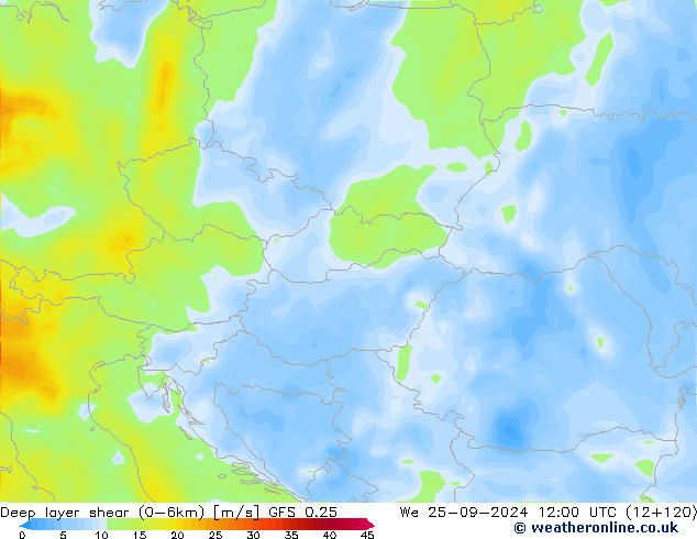 Deep layer shear (0-6km) GFS 0.25 wo 25.09.2024 12 UTC