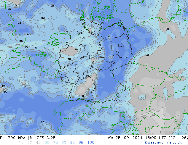 RH 700 hPa GFS 0.25 śro. 25.09.2024 18 UTC