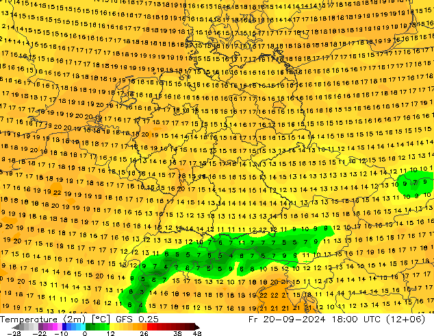 Temperaturkarte (2m) GFS 0.25 Fr 20.09.2024 18 UTC