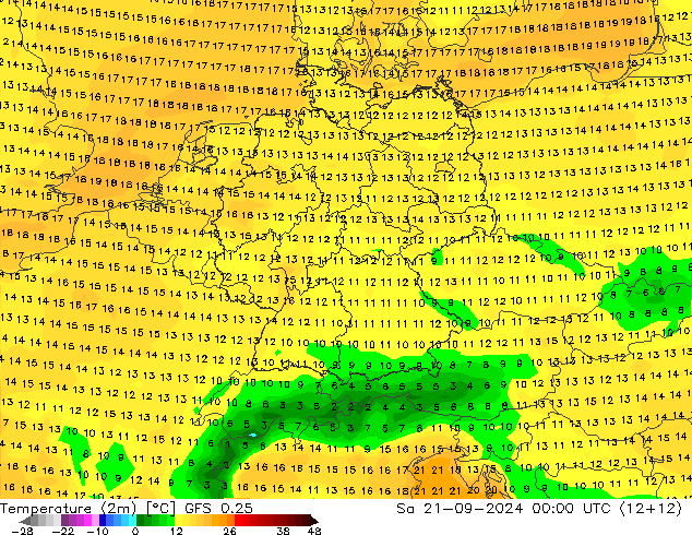 Temperature (2m) GFS 0.25 Sa 21.09.2024 00 UTC