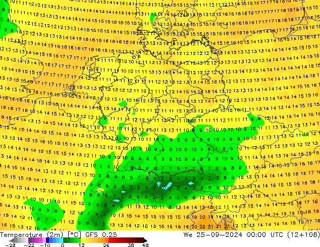 Temperature (2m) GFS 0.25 We 25.09.2024 00 UTC