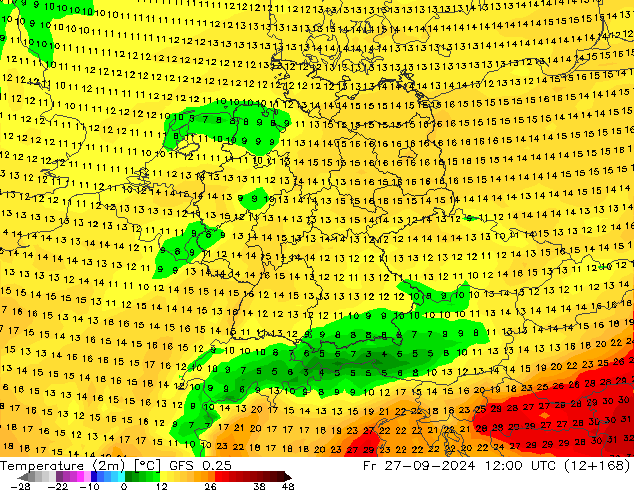 Temperaturkarte (2m) GFS 0.25 Fr 27.09.2024 12 UTC