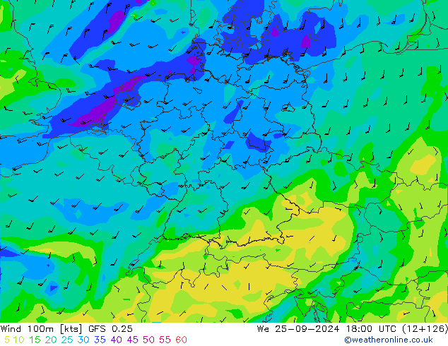 wiatr 100m GFS 0.25 śro. 25.09.2024 18 UTC