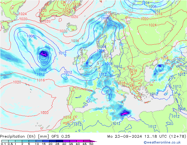 Z500/Rain (+SLP)/Z850 GFS 0.25 Mo 23.09.2024 18 UTC