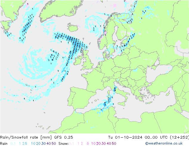 Rain/Snowfall rate GFS 0.25 wto. 01.10.2024 00 UTC