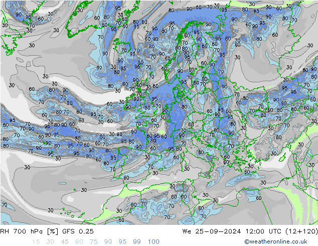 RH 700 hPa GFS 0.25 We 25.09.2024 12 UTC