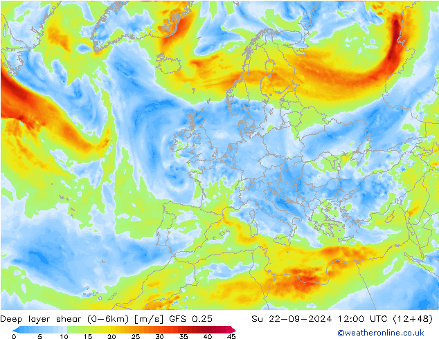 Deep layer shear (0-6km) GFS 0.25 So 22.09.2024 12 UTC