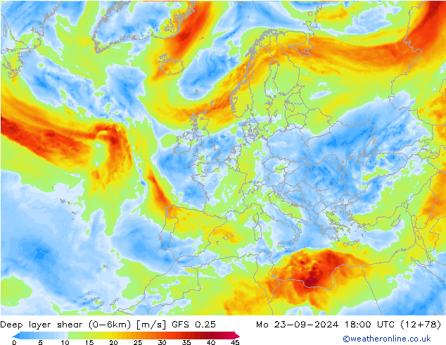 Deep layer shear (0-6km) GFS 0.25 Mo 23.09.2024 18 UTC