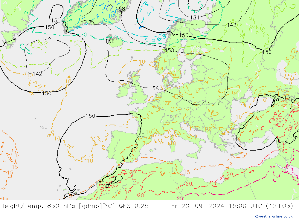 Géop./Temp. 850 hPa GFS 0.25 ven 20.09.2024 15 UTC