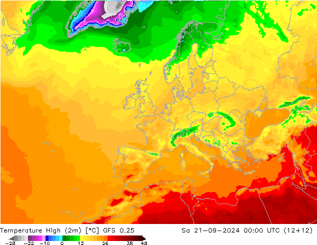 Nejvyšší teplota (2m) GFS 0.25 So 21.09.2024 00 UTC