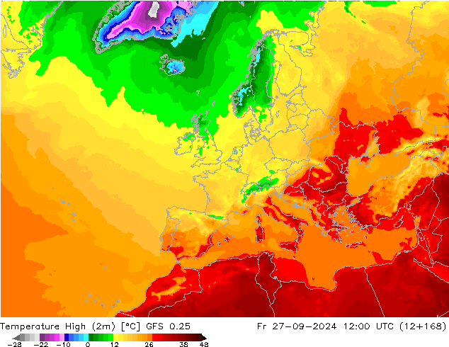 Temperature High (2m) GFS 0.25 Fr 27.09.2024 12 UTC