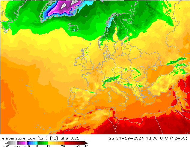 Temp. minima (2m) GFS 0.25 sab 21.09.2024 18 UTC