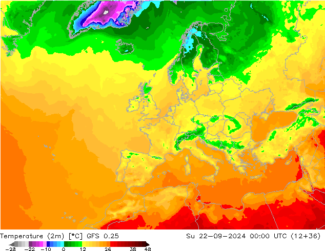 Temperatura (2m) GFS 0.25 dom 22.09.2024 00 UTC