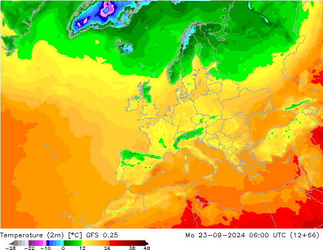 Temperaturkarte (2m) GFS 0.25 Mo 23.09.2024 06 UTC