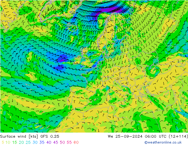 Surface wind GFS 0.25 We 25.09.2024 06 UTC