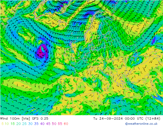 Wind 100m GFS 0.25 Tu 24.09.2024 00 UTC