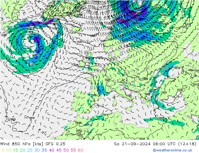 Rüzgar 850 hPa GFS 0.25 Cts 21.09.2024 06 UTC