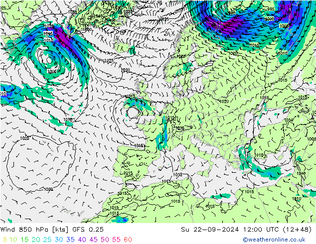 Wind 850 hPa GFS 0.25 So 22.09.2024 12 UTC