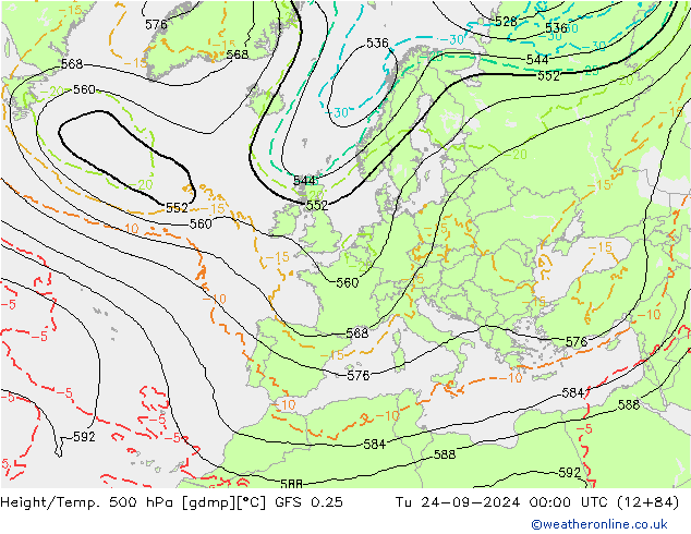 Z500/Rain (+SLP)/Z850 GFS 0.25 Tu 24.09.2024 00 UTC