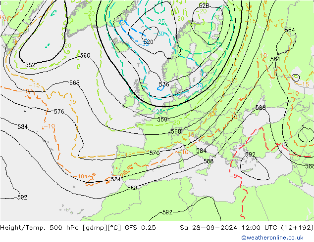 Z500/Rain (+SLP)/Z850 GFS 0.25 Sa 28.09.2024 12 UTC