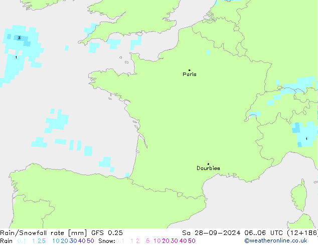 Rain/Snowfall rate GFS 0.25 Sa 28.09.2024 06 UTC