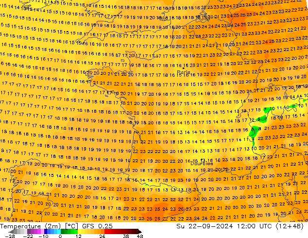 Temperature (2m) GFS 0.25 Ne 22.09.2024 12 UTC